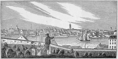 Södervy av Charlestown, från "Historical Collections of Massachusetts", av John Warner Barber, graverad av S. E. Brown, 1839