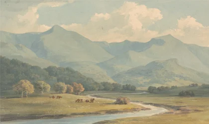 Carnedd Llewelyn och Carnedd David, Carnarvonshire, sett över floden Ogwen