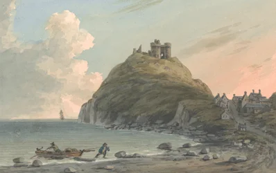 Ruinerna av Criccieth Castle och en del av staden vid bukten på Cardigan. East View, Caernarfonshire