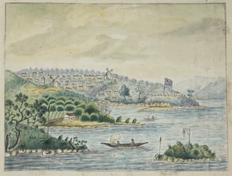 Lägg till. 13880, f.79 Utsikt över en brittisk koloni. I förgrunden, infödda i en kanot, från en Journal som fördes ombord på Minerva-transporten, från Irland till New South Wales och Bengal, av John Washington Price