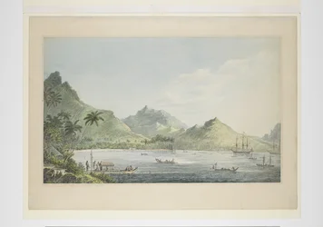 16: A View of Huaheine, från en serie akvareller som illustrerar Captain Cooks sista resa, ca 1773-84 (akvarell på papper)