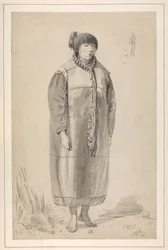 En teckning med titeln "A native female of North America" i en skissbok av John Webber