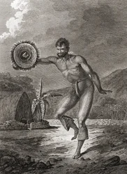 En tatuerad dansare i traditionell dräkt, Hawaii, 1778