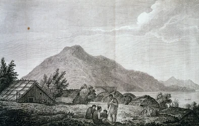Inuti hippa på ön Motuara, baserad på ritning av John Webber (1750-1793), från berättelsen om James Cooks senaste resa (1776-1779). gravyr