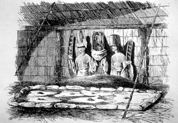 Inuti en begravningshydda, Tahiti, 1700-tal