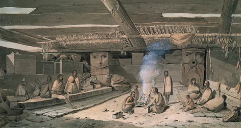Interiör av Nootka indianhus, av John Webber, ritning