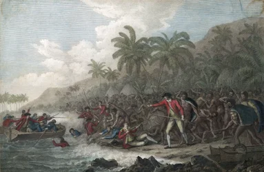 Kapten James Cook (1728-1779, brittisk upptäcktsresande) dödas av hawaiiska urfolk i Kealakekua-bukten på Sandwichöarna (Polynesien) år 1779 - Kapten James Cooks död den 14 februari