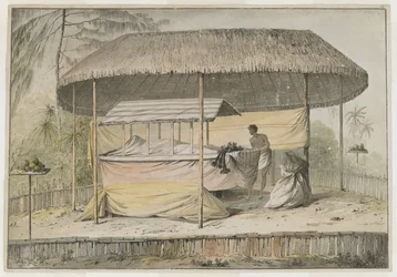 Waheiadooa, hövding över Oheitepeha, i viloläge, dokumenterad av kapten Cook under hans besök på Tahiti den 19 augusti 1777. En begravningsscen bär upp den svepta kroppen och en skötare. De skyddas av en markis med grästak och omges av en låg p