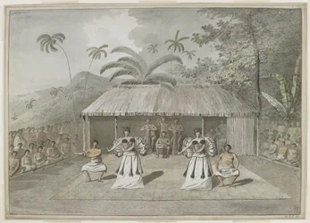 [Hel teckning] En dans eller heiva i Otaheite [Tahiti]. Två män och två kvinnor dansar, med trumslagare bakom och åskådare på båda sidor. September 1777