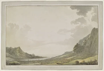 [Hela teckningen]. Utsikt från Aimeo hamn [Papetoai-bukten] ut mot havet; masterna på „Resolution“ och „Discovery“ syns i bukten. Kapten Cook besökte Moorea i oktober 1777