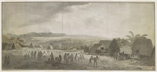[Hela ritningen] Ritning av kapten Cooks besök i byn Waimea, Atooi [Kauai], januari 1778. Vissa män rullar tunnor, andra byter med hawaiianer. Till höger två infödda som bär en gris uppträdd på en stolpe. Bakom dem, infödda hyddor, och sid
