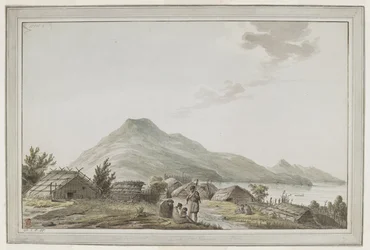 [Hela ritningen] Utsikt över Hippah, eller befäst by, vid den sydvästra punkten av Motuara i Queen Charlotte Sound. Utsikten ser norrut, med Motuara i bakgrunden. Teckningen kan vara resultatet av kapten Cooks besök den 15 februari 1777. Ma