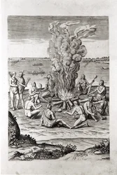 Indianer som ber runt en eld, gravyr från Hariots "A Briefe and True Report of...Virginia", 1590, graverad av Theodor de Bry (1528-98).