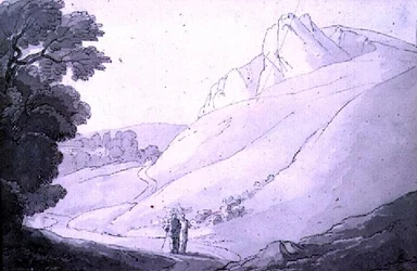 Ett kuperat landskap med två figurer (penna, bläck och akvarell)