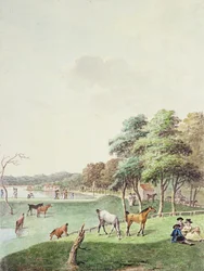 The East End of the Serpentine, och en avlägsen utsikt över badhuset, 1794