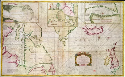 Karta över hav och sund som visar möjligheten för en nordvästpassage mellan Hudson Bay och Sydsjön