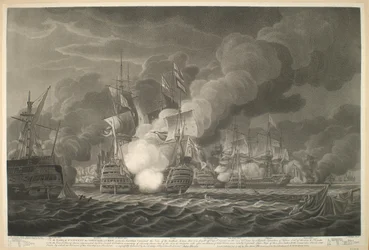 Till EARL of S.T VINCENT OFFICERNA amp; CREW, under hans herres befäl denna syn på den galanta strid som utkämpades utanför Cape St Vincent den 14 februari 1797 av en brittisk eskader på femton linjeseglar amp; fregatter / med Grand F