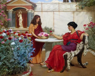 "Valet". En borgerlig kvinna i det antika Rom, sittande på en stol täckt med ett djurskinn, väljer en blomma bland dem som en tjänsteflicka erbjuder henne. Målning av John William Godward (1861-1922) 1907 Privat samling