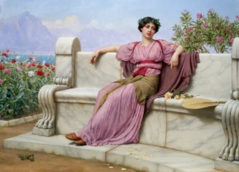 "Tranquillity" En ung kvinna klädd på antikt vis, sittande på en marmorbänk i en trädgård, med en drömsk blick i ögonen. Målning av John William Godward (1861-1922)