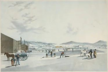 Rockland Lake - Cutting Ice. Utsikt från nordöstra, pub. 1849