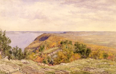 Utsikt från High Tor, Haverstraw, New York, 1866 (akvarell och grafit på papper monterad på kort)