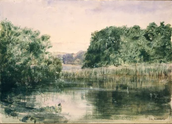 Utsikt över en sjö med träd, 1857