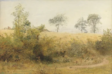 The Bat Begins with Giddy Wing - Barley Field Over the Hedge, 1885 (wc & penna med utskrapa på papper)