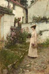 Att plocka blommor i en trädgård i Devonshire