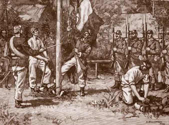 Hissning av den franska flaggan på Nya Hebriderna, 1886, illustration från Cassell
