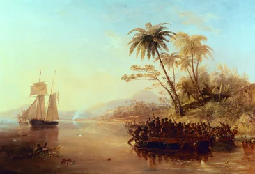 Ett brittiskt lantmäterifartyg i södra Stilla havet hälsat av öbor i Outrigger Canoes, ca 1840