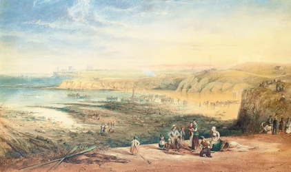 Cullercoats blickar mot Tynemouth, Northumberland, med fiskare i förgrunden, 1836