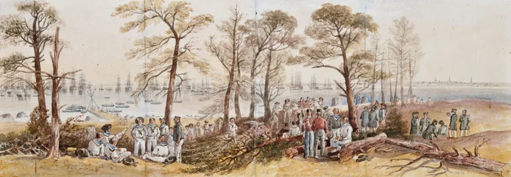 Officerarna och sjömännen från flottan på land vid Nargen, 1855
