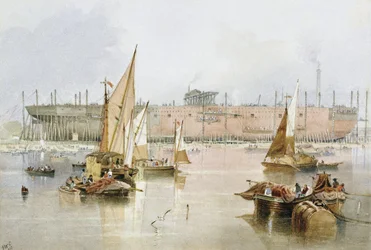 Det transatlantiska linjeskeppet "Great Eastern", 1857, innan det var färdigbyggt, i Millwall vid Themsen (England)