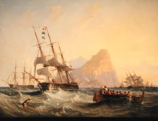 Krigsskepp under segel vid Gibraltar