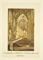Vy över Center Aisle of St Mary Redcliffe, blick österut, visar Hogarth altartavla, c.1824 (penna och akvarell på papper)