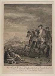 H.R.H. William (1721-65) hertig av Cumberland med utsikt över den styrda armén nära Culloden, 1746, publicerad av B. Baron, 1747