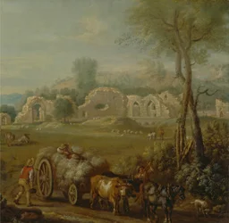 Haycart passerar en klosterruin