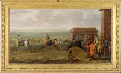 Lord Portmore tittar på kapplöpningshästar på träning på Newmarket Heath, c.1735