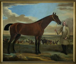 Scarr, en kapplöpningshäst som hålls av hans tränare, A. Scottman