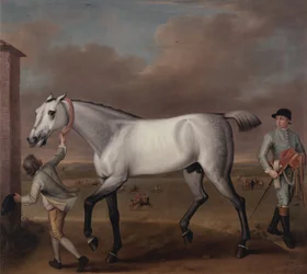 Hertigen av Hamiltons grå galopphäst "Victorious" på Newmarket