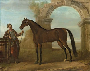 Godolphin Arabien, hållen av en brudgum, i ett landskap med en förstörd båge, 1731