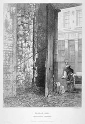 Cripplegate Postern, på kyrkogården i St Giles utan Cripplegate, London Wall, London, 1851.