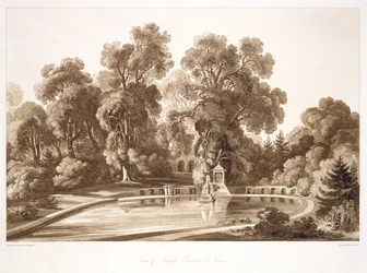 Utsikt över tempelfontänen och grottan, Sezincote, graverad av Frederick Christian Lewis Snr. (1779-1856), ca 1817-18 (sepiaakvatint) (se även 171663)