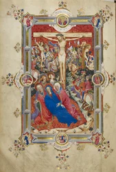 Korsfästelsen, introduktion av kanon av mässan Kristus på korset, flankerad av tjuvar, svimning Jungfru stödd av kvinnor och St. John, Magdalena vid foten av korset. Skara monterade åskådare i modern klädsel, inklusive Longinus, med änglar ovanför