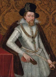 Porträtt av kung Jakob I av England och VI av Skottland (1566-1625), i trekvartsfigur, i vit tröja med spetskrage, juvelprydda hosor och pälskappa, bärande Stora Georg, svart hatt med en juvel och ett par handskar i sin högra hand