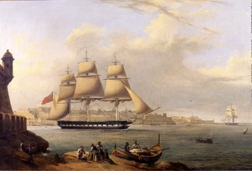 Leaving Grand Harbour av Giovanni Schranz 1800-talet (63 x 43 cm)