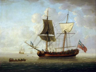 En brittisk brigantin med röd flagga och Union Jack utanför kusten i lugnt hav. Olja på duk