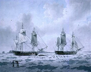 The Ships of Lord Mulgraves Expedition of Discovery inbäddade i is i polarområdena