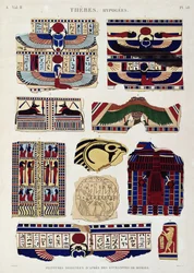 Illustrationer av målade mönster från mumiernas omslag, Hypogees, Thebe, plåt 58 från Vol II av `Descriptions of Egypt`, graverade av Willemin, 1822 (akvatint)