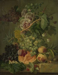 Stilleben med blommor och frukter